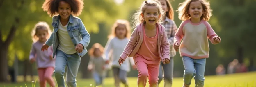 Groupe d'enfants en train de jouer ensemble dans un parc ensoleillé pour un anniversaire en plein air, avec sourires et joie partagée