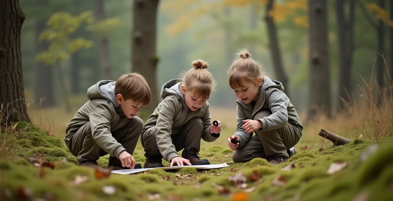 Enfants explorant un environnement naturel avec cartes, loupes et carnets, en train d'observer et de découvrir la faune et la flore locales