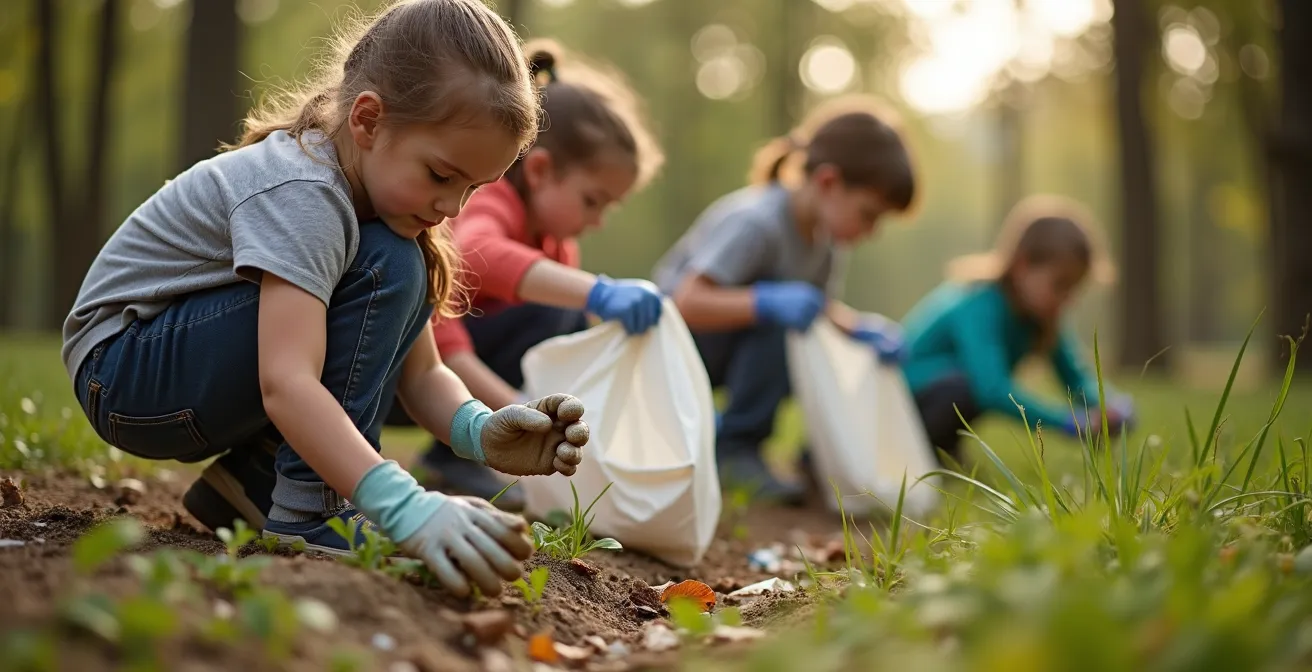 Groupe d'enfants en train de ramasser des déchets dans un parc naturel, montrant l'engagement environnemental et l'esprit d'équipe