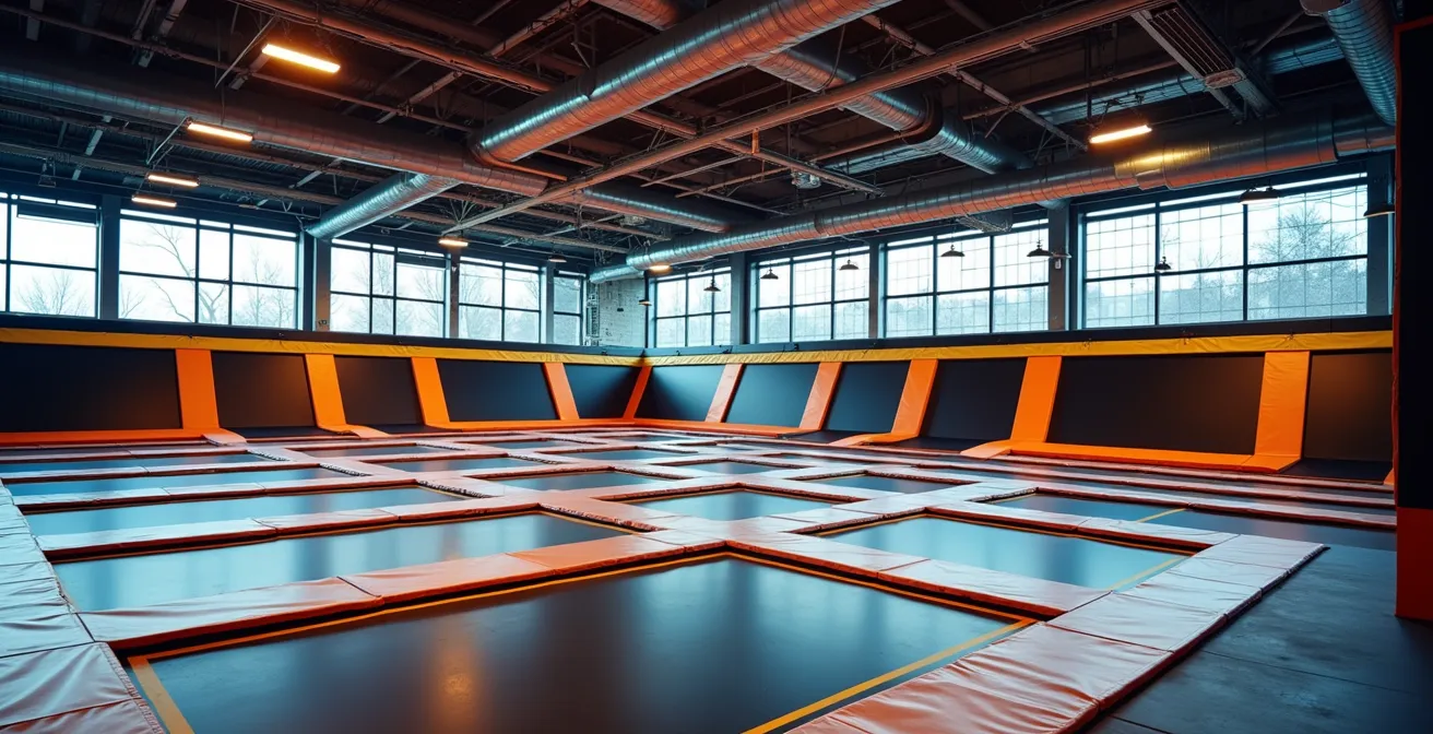 Vue large d'un espace de trampoline park avec architecture épurée