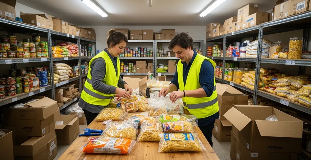 Équipe de bénévoles préparant des colis alimentaires dans un entrepôt associatif
