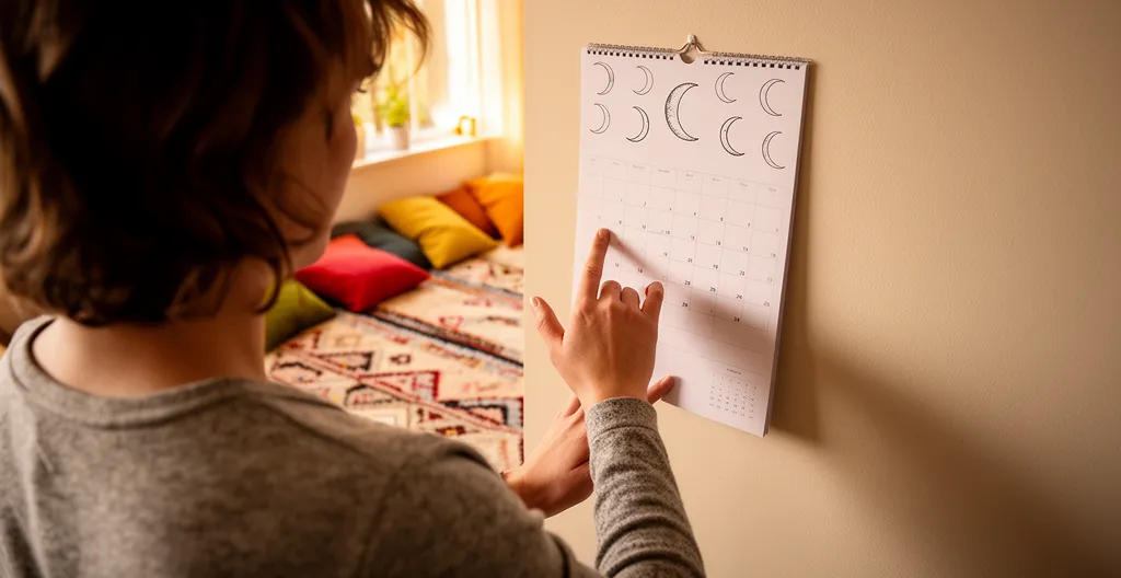 Personne consultant un calendrier mural décoré de motifs de croissant de lune